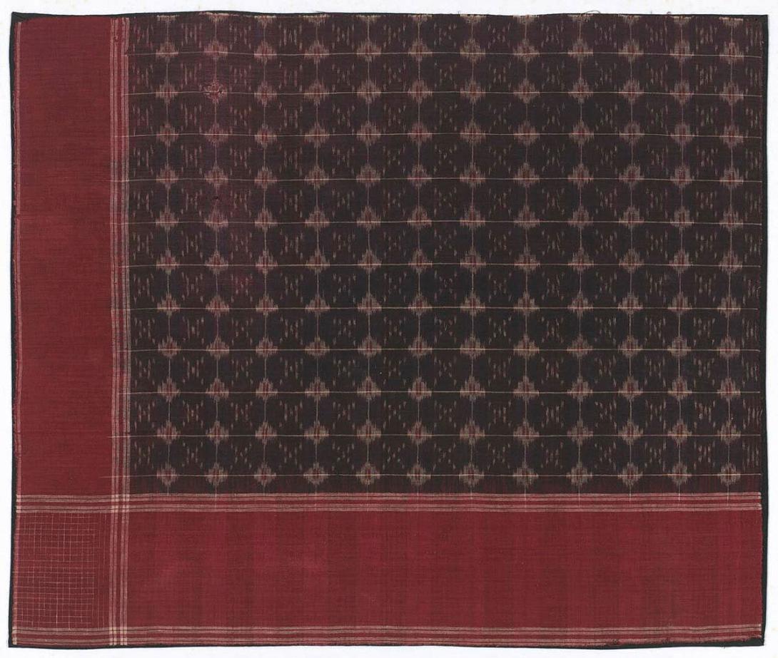 Artwork Fragment of telia rumal this artwork made of Cotton, weft ikat with warp ikat in centre field, warp ikat and supplementary weft lines in corner, alizarin dye, created in 1868-01-01