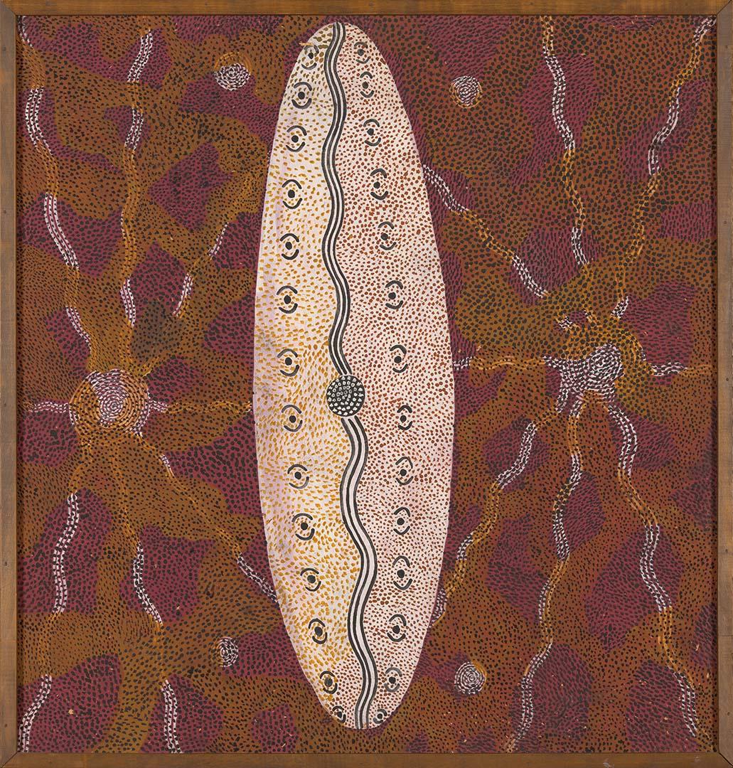 Artwork Bushfire Corroboree this artwork made of Synthetic polymer paint on composition board, created in 1973-01-01