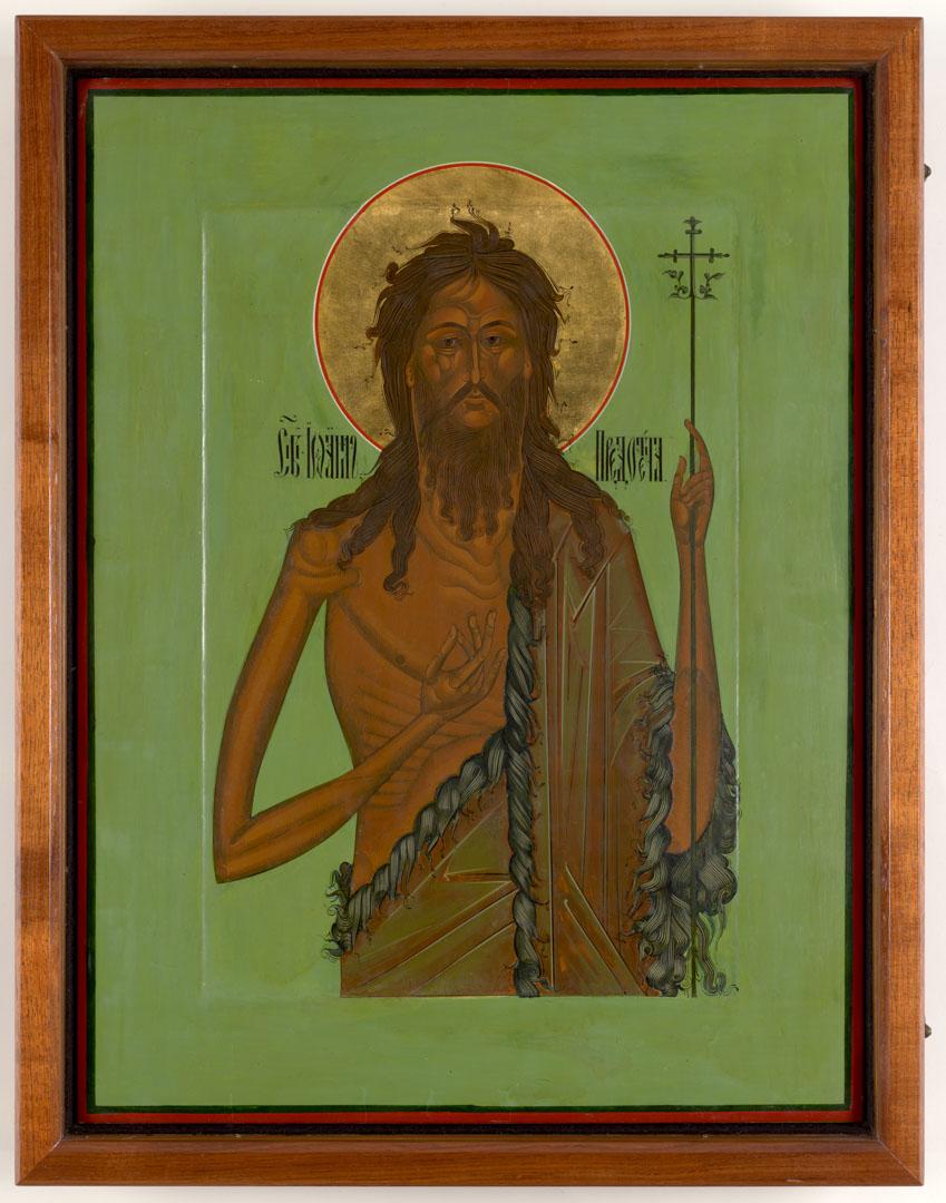 Artwork Holy prophet and forerunner of the Lord, John the Baptist this artwork made of Egg tempera, 24k gold leaf and gesso on beech wood panel, created in 2003-01-01