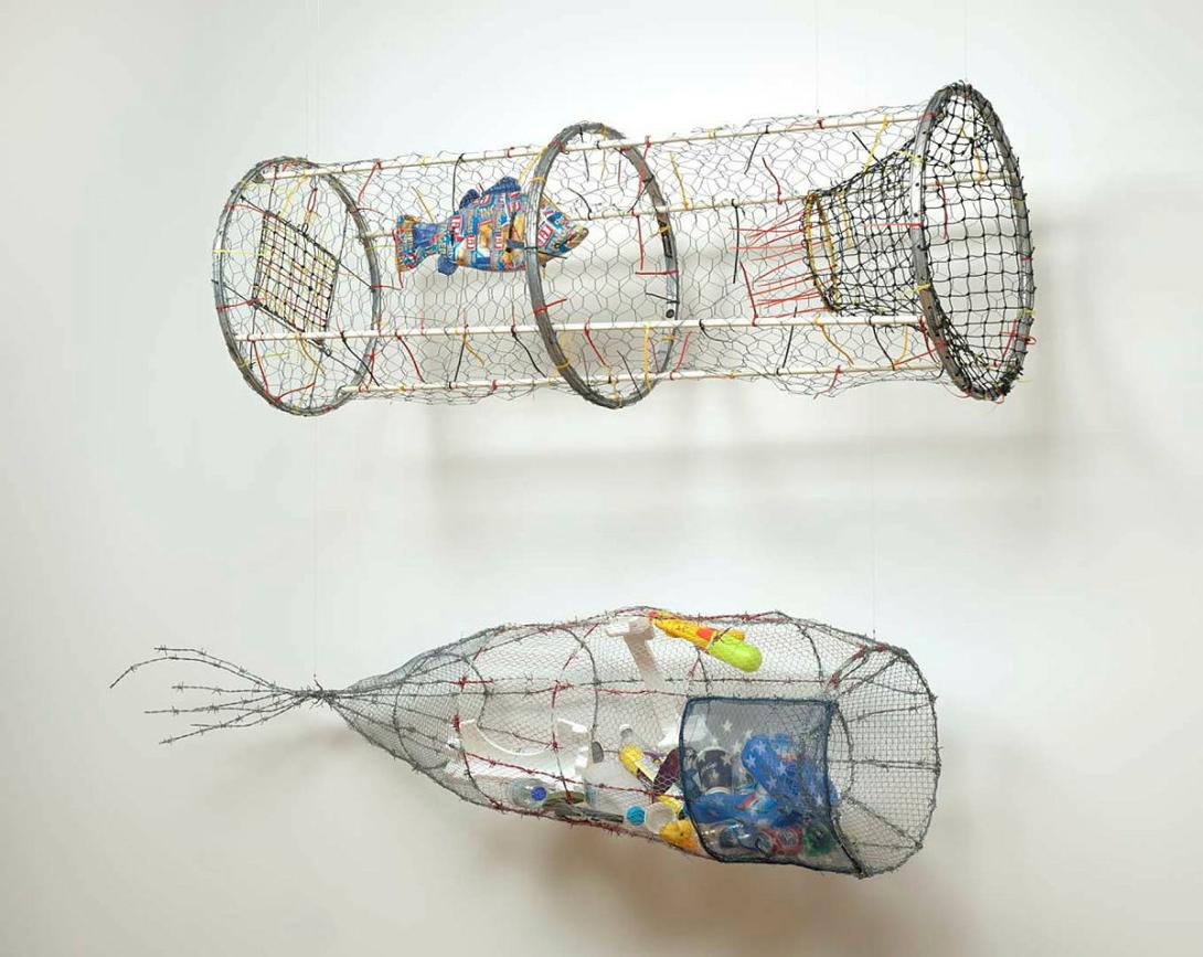 Artwork Once were Fishermen II this artwork made of Wire mesh, bicycle tyre frames, PVC piping, cable ties, netting, food packaging, created in 2014-01-01