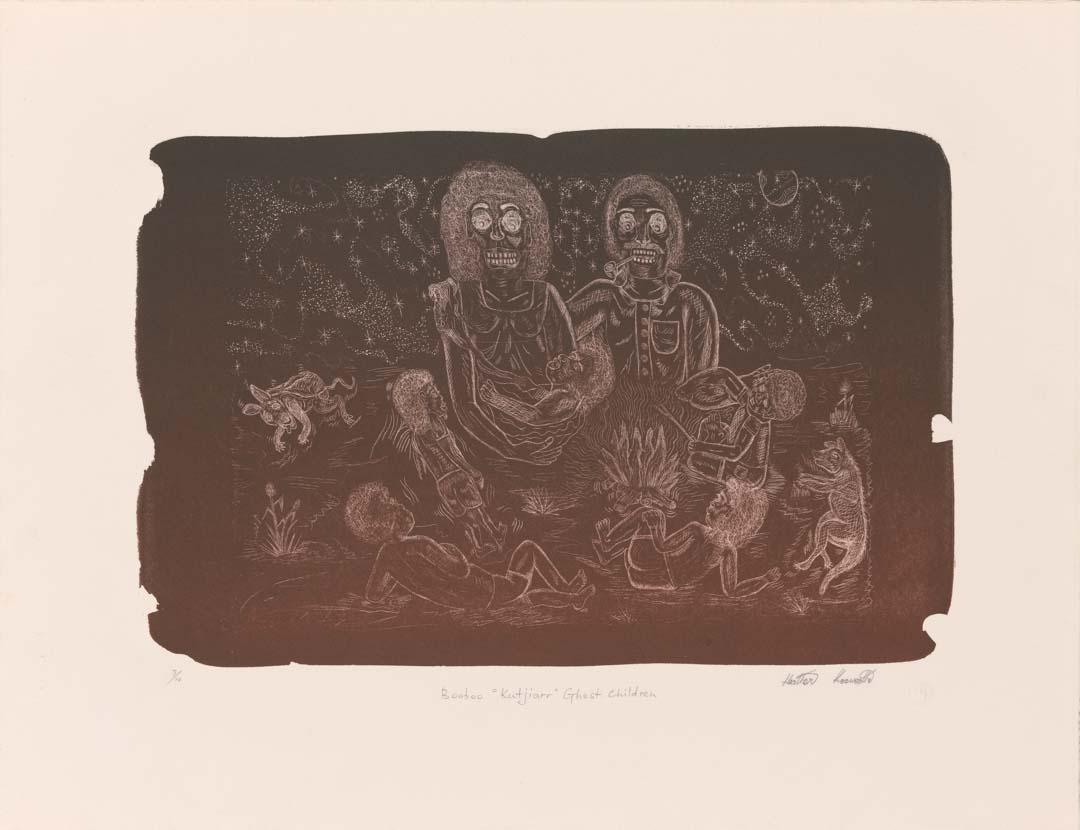 Artwork Booboo kutjarr (Ghost children) this artwork made of Lithograph on Arches BFK 300gsm cotton paper, created in 2017-01-01