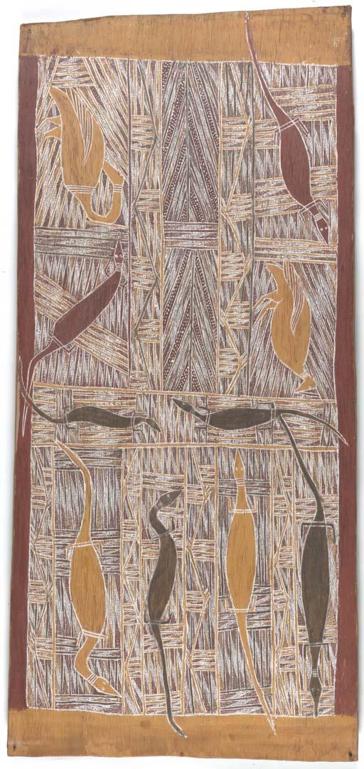 Artwork Sacred totem animals this artwork made of Natural pigments on eucalyptus bark, created in 1955-01-01