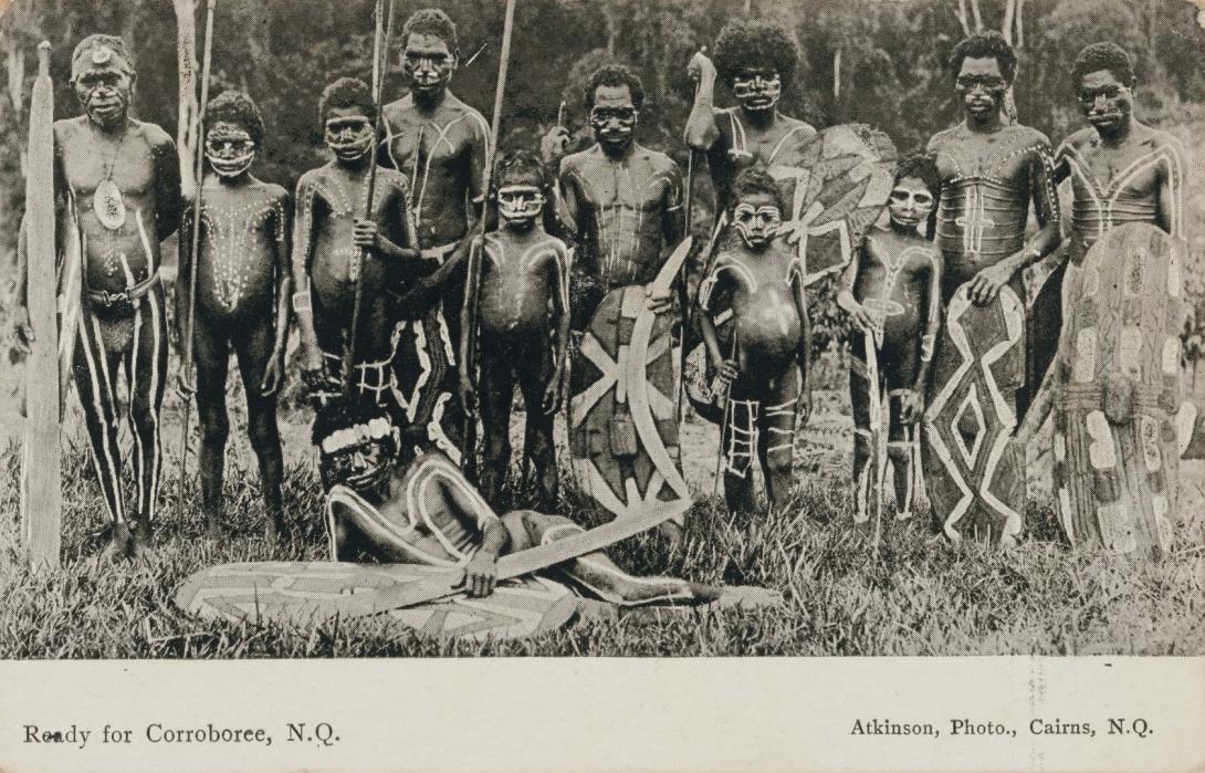 Artwork Ready for Corroboree, N.Q. this artwork made of Postcard: Black and white photographic print
