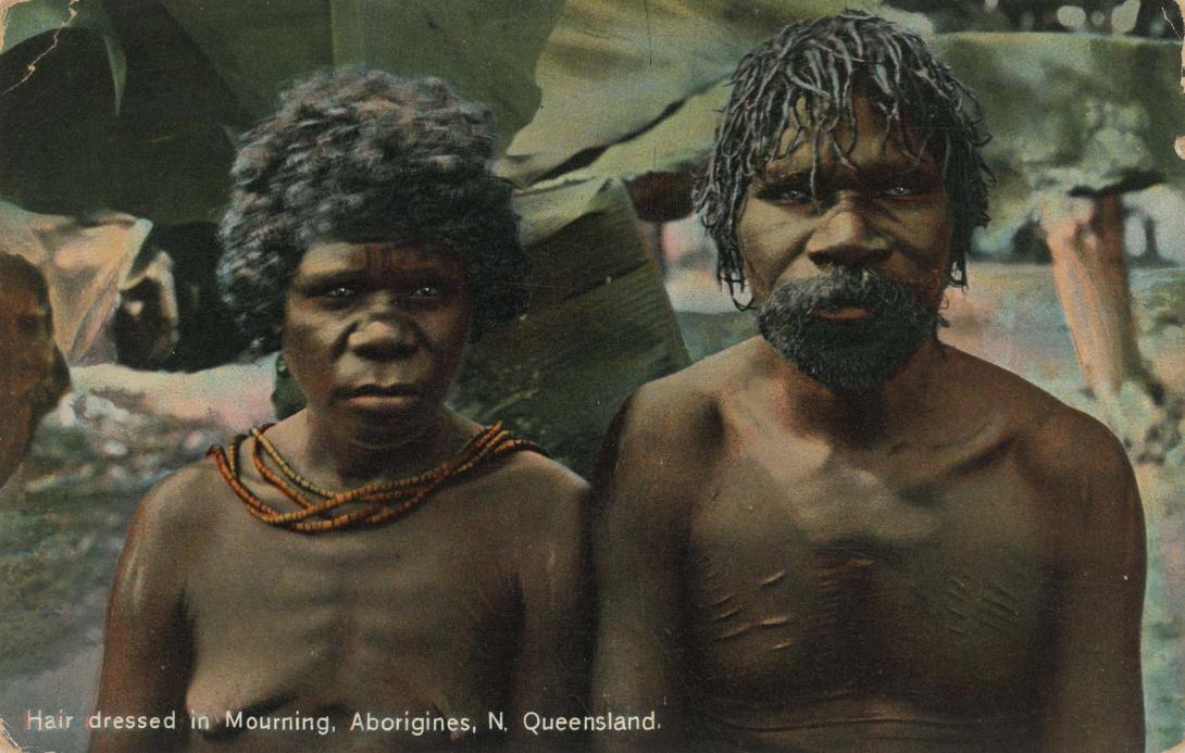 Artwork Hair dressed in mourning, Aborigines, N. Queensland (from 'Coloured Shell Series: Queensland Views') this artwork made of Postcard: Colour photographic print