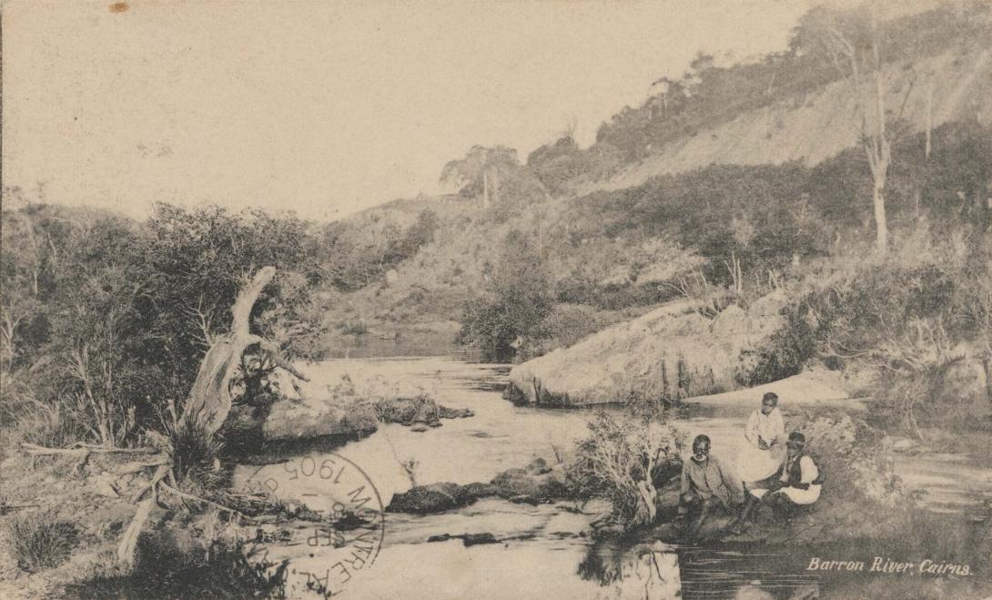 Artwork Barron River, Cairns (with three Indigenous figures) (from 'Shell Series: Queensland scenery, rivers and creeks, series 1') this artwork made of Postcard: Black and white photographic print