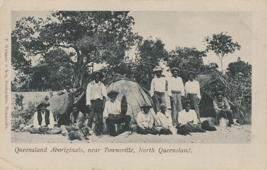 Artwork Queensland Aboriginals, near Townsville, North Queensland this artwork made of (T. Willmett & Son, Booksellers, Townsville)
Postcard: Black and white photographic print, created in 1895-01-01