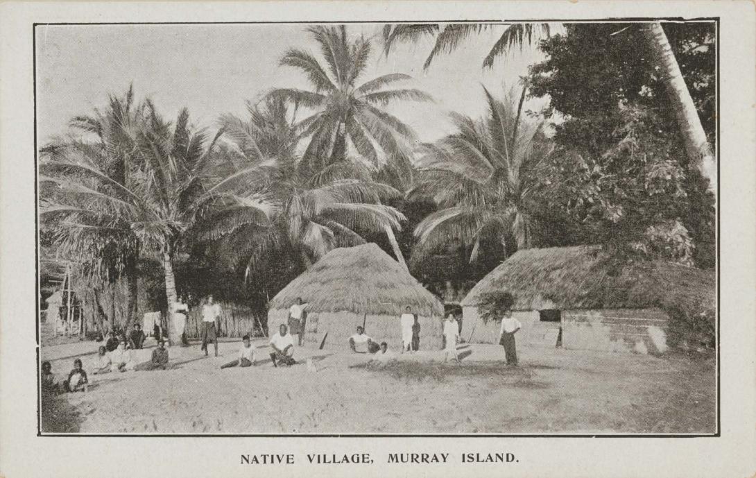Artwork Native village, Murray island this artwork made of Postcard: Black and white photographic print, created in 1895-01-01