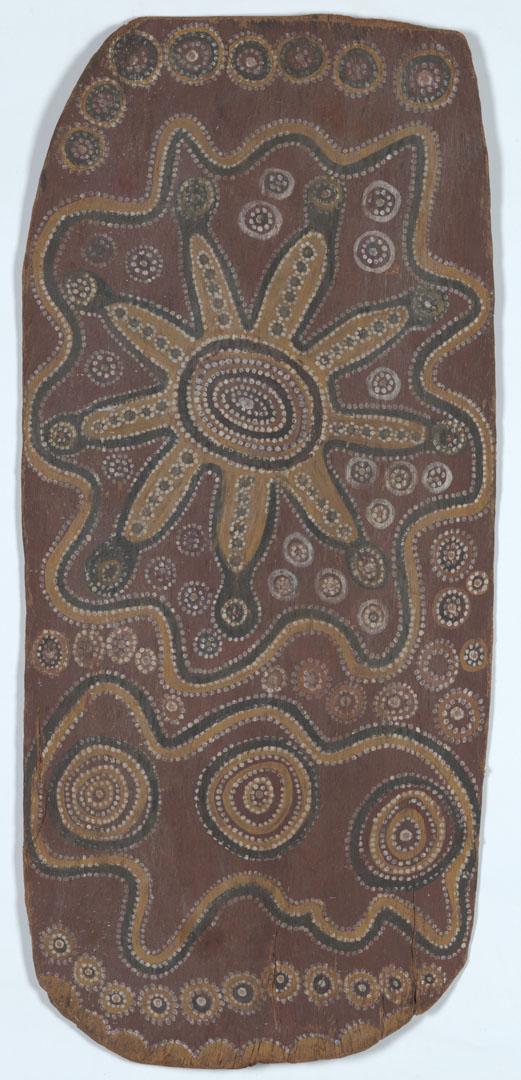 Artwork Sacred waterholes and stars this artwork made of Natural pigments on eucalyptus bark