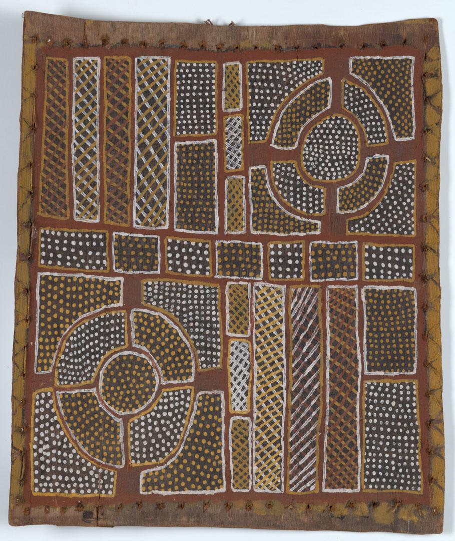 Artwork The death of the first ancestor this artwork made of Natural pigments on eucalyptus bark