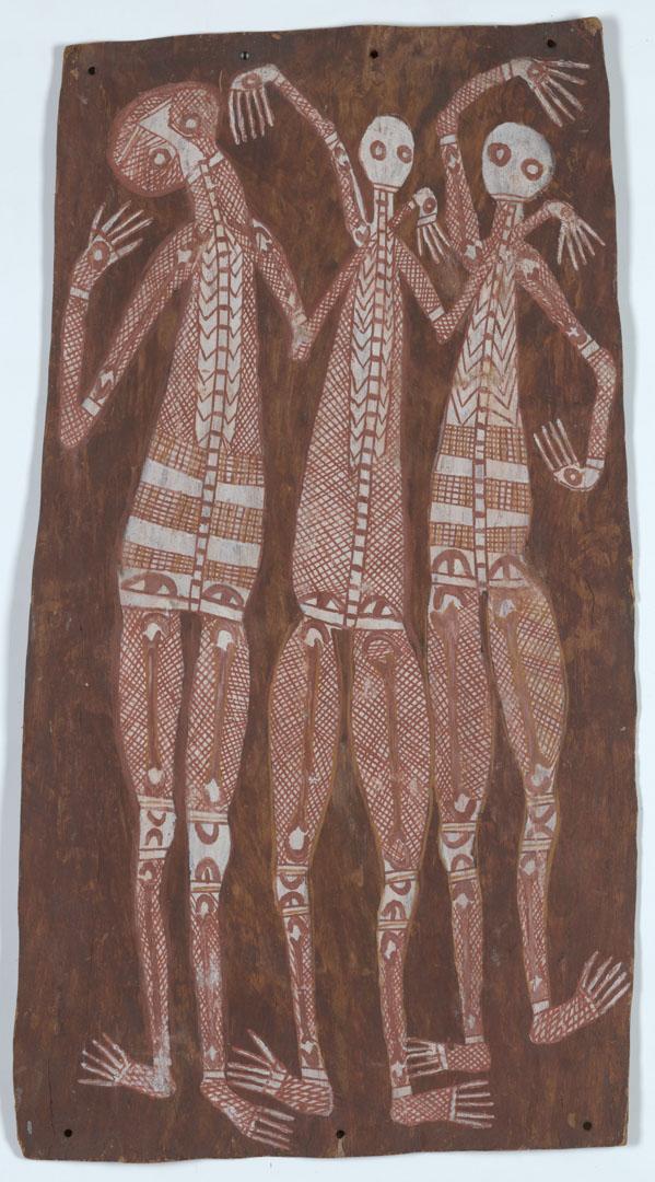 Artwork Lorrkon ceremony dance of skeletons this artwork made of Natural pigments on eucalyptus bark