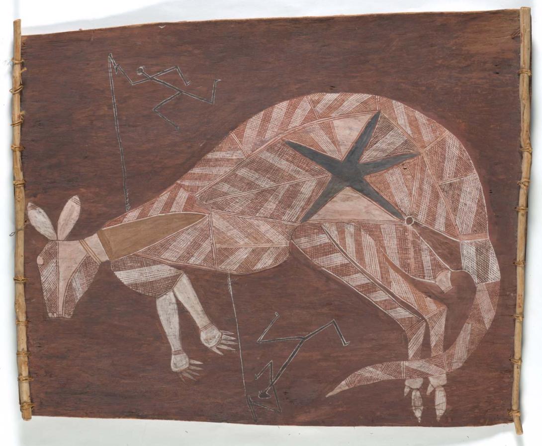 Artwork Mimihs spearing a kangaroo this artwork made of Natural pigments on eucalyptus bark