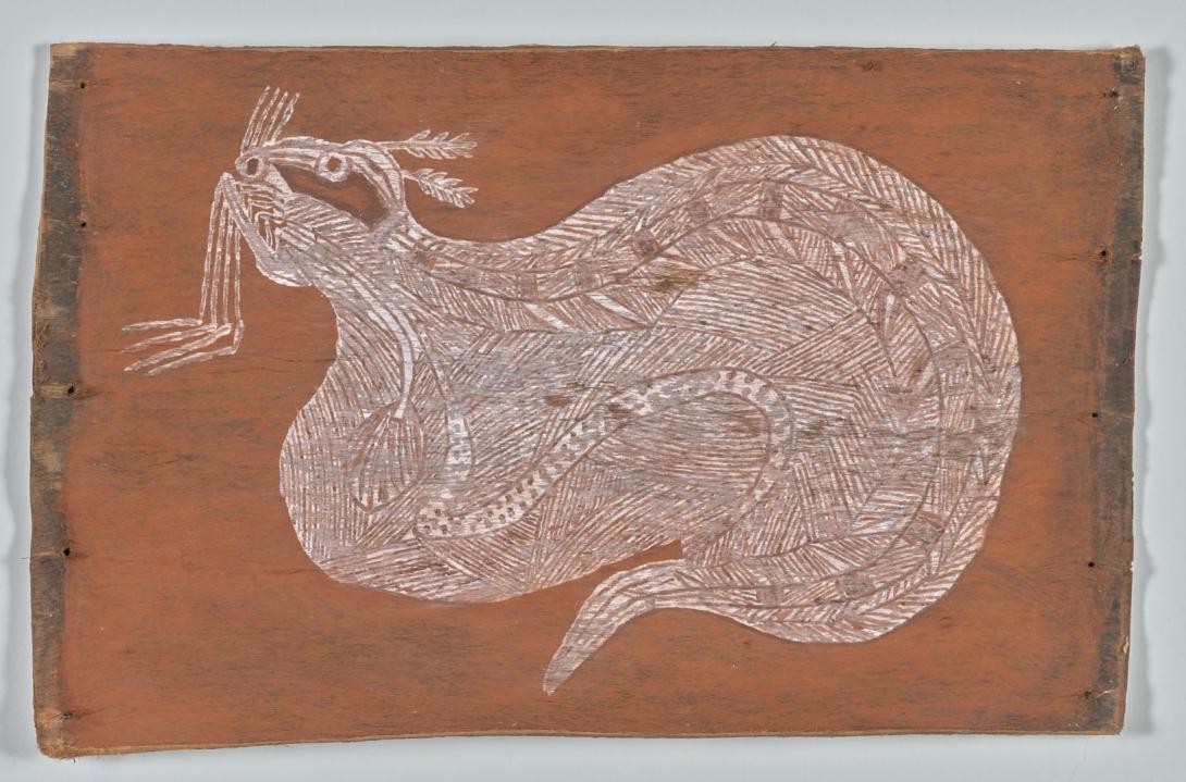 Artwork Mythical Rainbow Serpent this artwork made of Natural pigments on eucalyptus bark