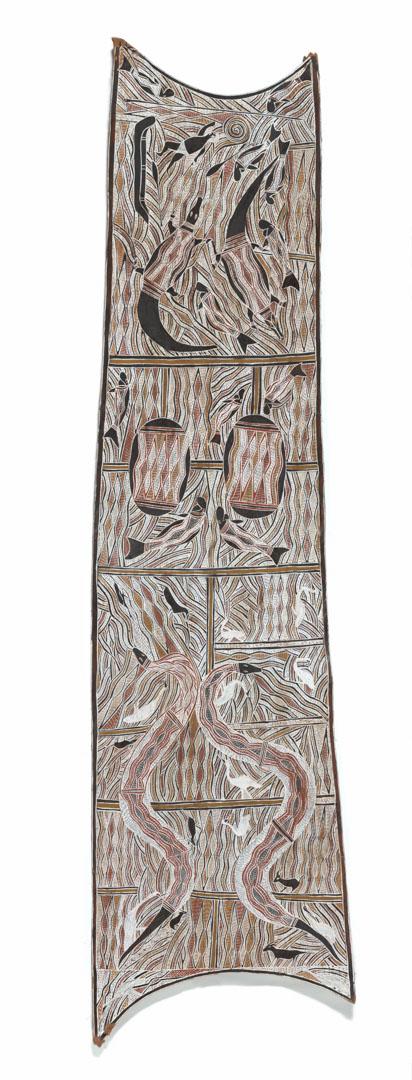 Artwork Yulengor (Lightning snake) this artwork made of Natural pigments on eucalyptus bark, created in 2002-01-01