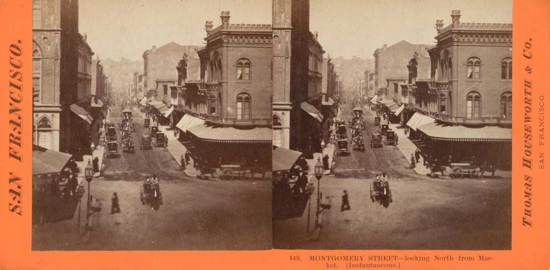 Artwork 149 Montgomery St - Looking north from Market. (Instantaneous) this artwork made of Stereograph, albumen photograph on paper, created in 1866-01-01