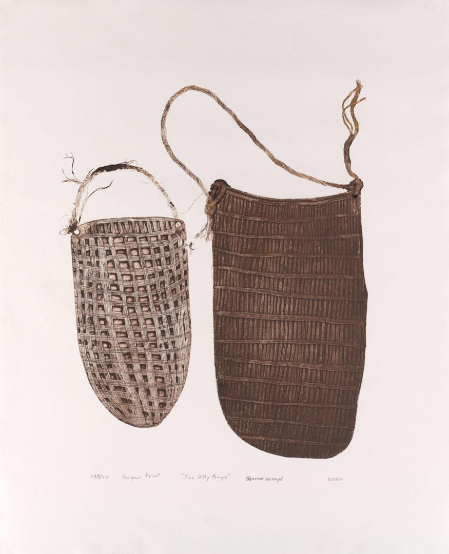 Artwork Two dilly bags this artwork made of Etching on paper, created in 2020-01-01