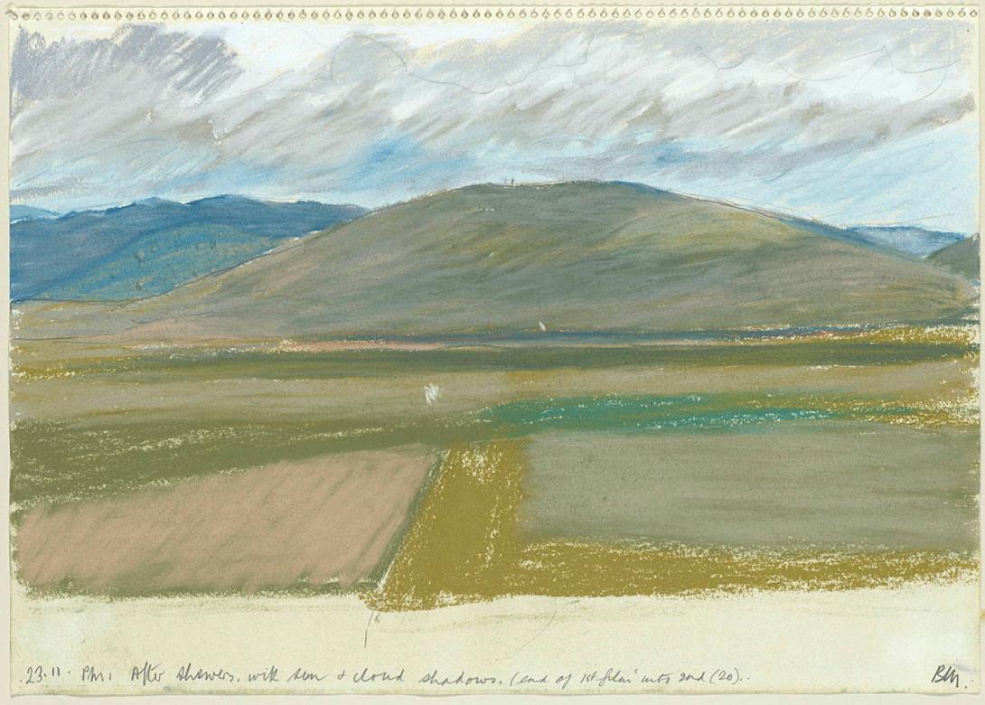 Artwork After showers (Preliminary drawing of the Tunbridge Hills for 'Tromemanner - forgive us our trespass I-IV' 1988-89) this artwork made of Pencil and pastel on spiral bound sketchbook paper, created in 1988-01-01