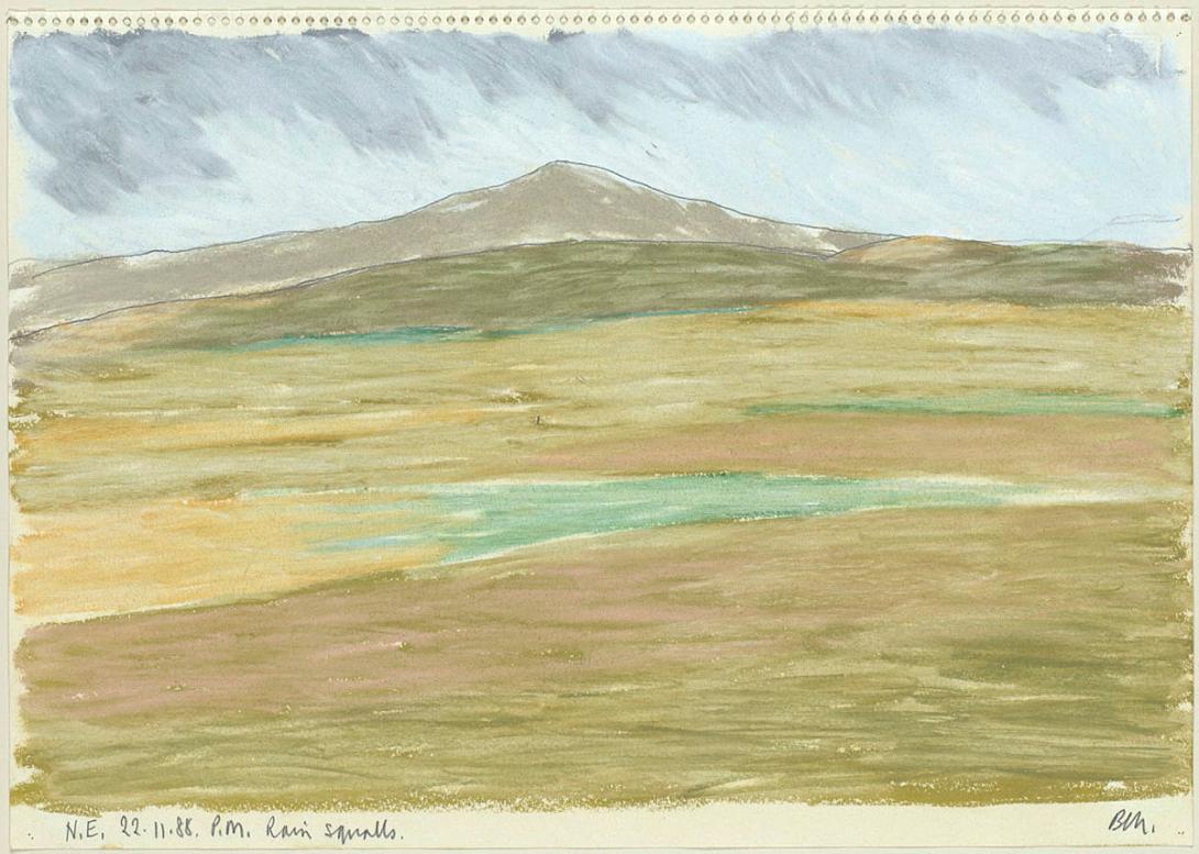 Artwork North East rain squalls November (Preliminary drawing of the Tunbridge Hills for 'Tromemanner - forgive us our trespass I-IV' 1988-89) this artwork made of Pencil and pastel on spiral bound sketchbook paper, created in 1988-01-01