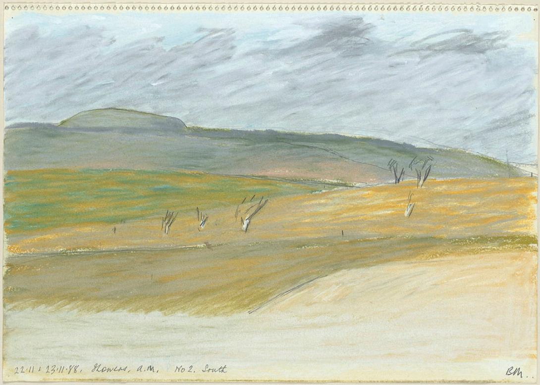 Artwork Showers (Preliminary drawing of the Tunbridge Hills for 'Tromemanner - forgive us our trespass I-IV' 1988-89) this artwork made of Pencil and pastel on spiral bound sketchbook paper, created in 1988-01-01