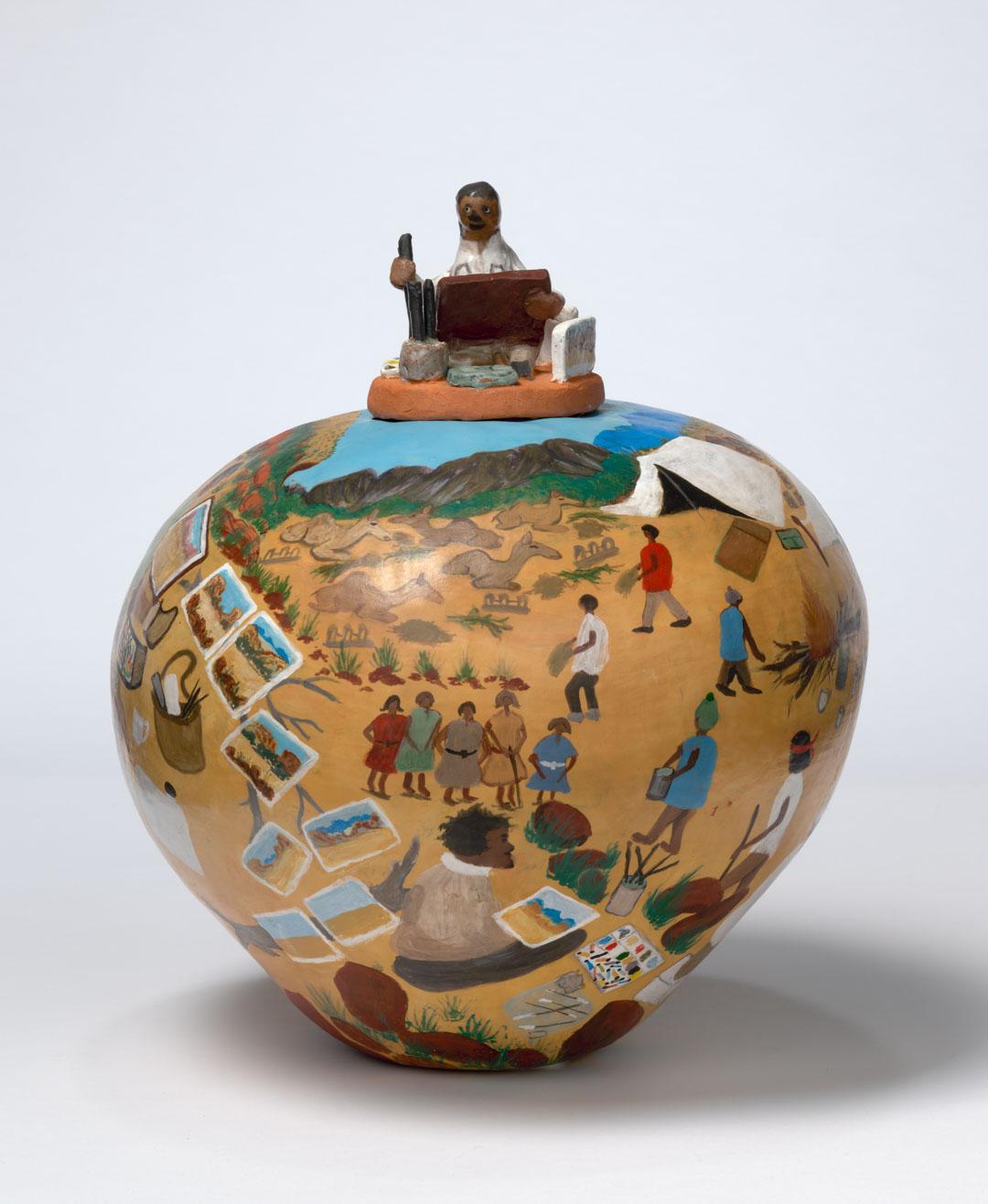 Artwork Albert Namatjira this artwork made of Earthenware, hand-built terracotta clay with underglaze colours and applied decoration