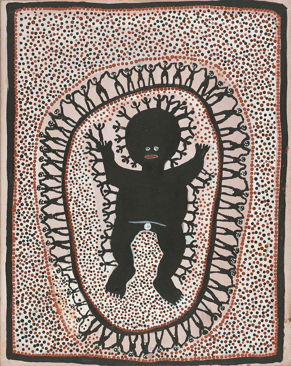 Artwork Jakarra wearing Murungkurra headdress with Napjarri women this artwork made of Natural pigments and synthetic polymer paint on canvas, created in 1992-01-01
