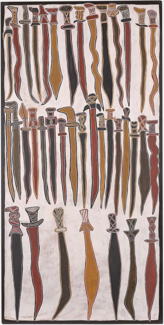 Artwork Macassan swords and long knives this artwork made of Natural pigments on wood, created in 2021-01-01