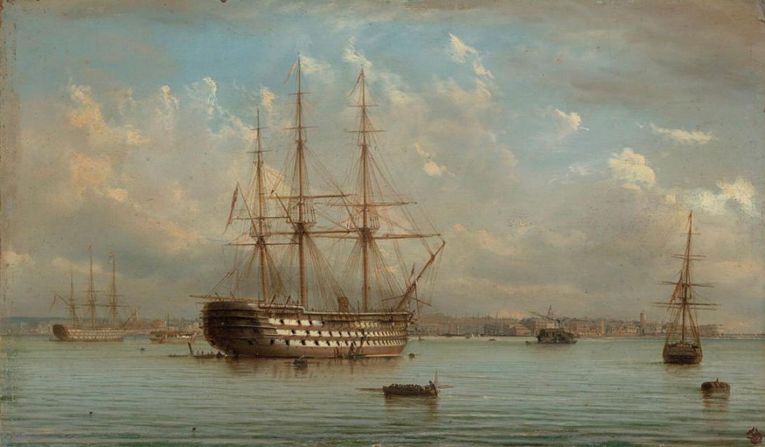 Artwork HMS Victory at Portsmouth this artwork made of Oil on academy board, created in 1876-01-01
