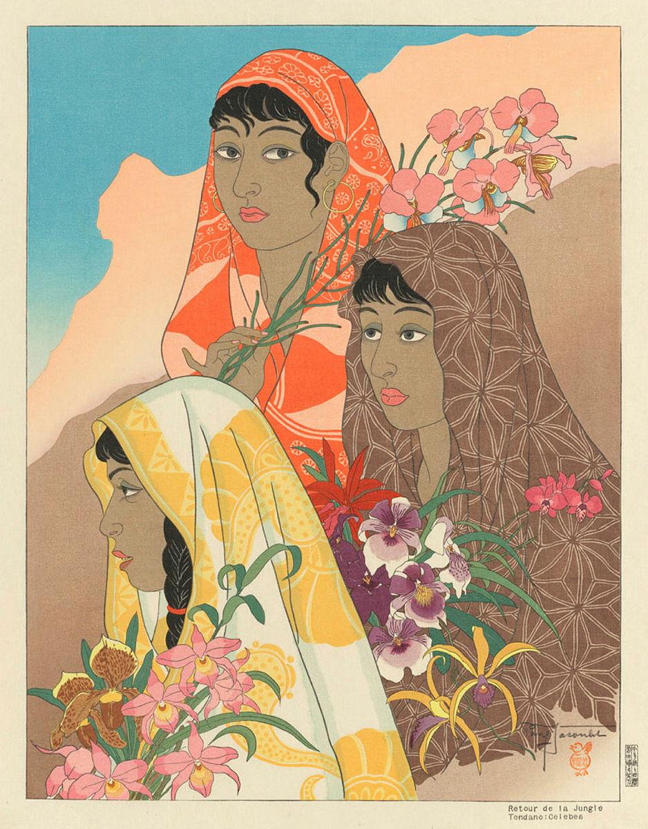 Artwork Retour de La Jungle. Tondano: Celebes this artwork made of Colour woodcut on Japanese paper, created in 1948-01-01