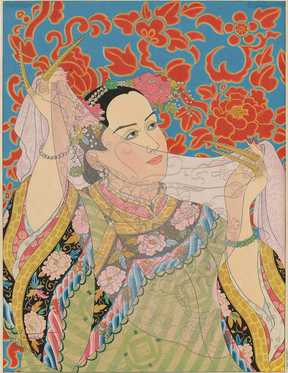 Artwork Les perles (The pearls), Manchukuo this artwork made of Colour woodblock print on paper, created in 1950-01-01