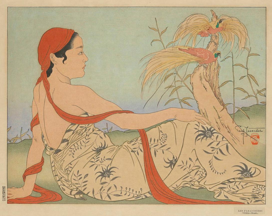 Artwork Les paradisiers, Menado, Célébes (The birds of paradise, Menado, Celebes), [Sulawesi, Indonesia] this artwork made of Colour woodblock print on paper, created in 1937-01-01