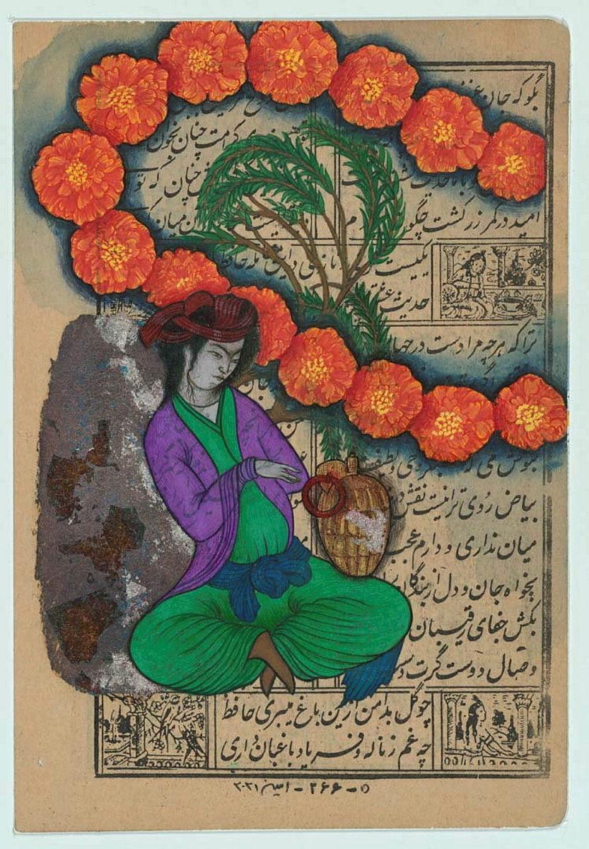Artwork Hafiz in diaspora this artwork made of Watercolour, gouache and gold leaf on Hafiz poetry sheet, created in 2021-01-01