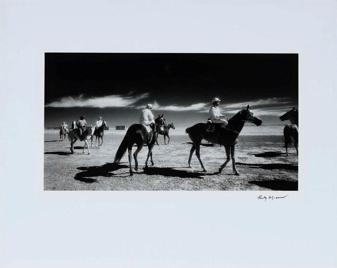 Artwork Preparing for the start - The Birdsville Races  this artwork made of Gelatin silver photograph from infrared film on paper, created in 1989-01-01