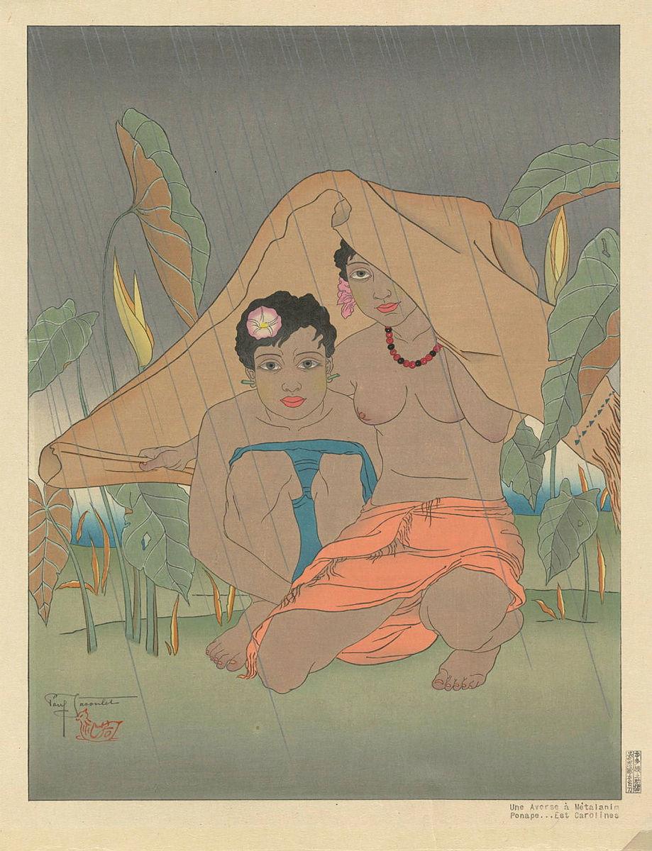 Artwork Une averse a Métalanim. Ponape, Est Carolines (A downpour at Metalanim. Ponape, East Carolines)  this artwork made of Colour woodblock print on paper, created in 1935-01-01