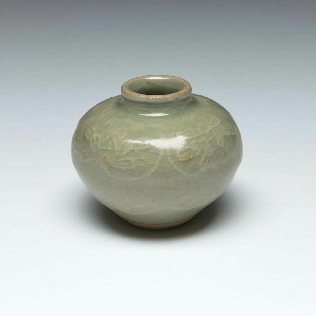 Artwork Small jar this artwork made of Stoneware, celadon crackle glaze, moulded floral design, created in 1200-01-01