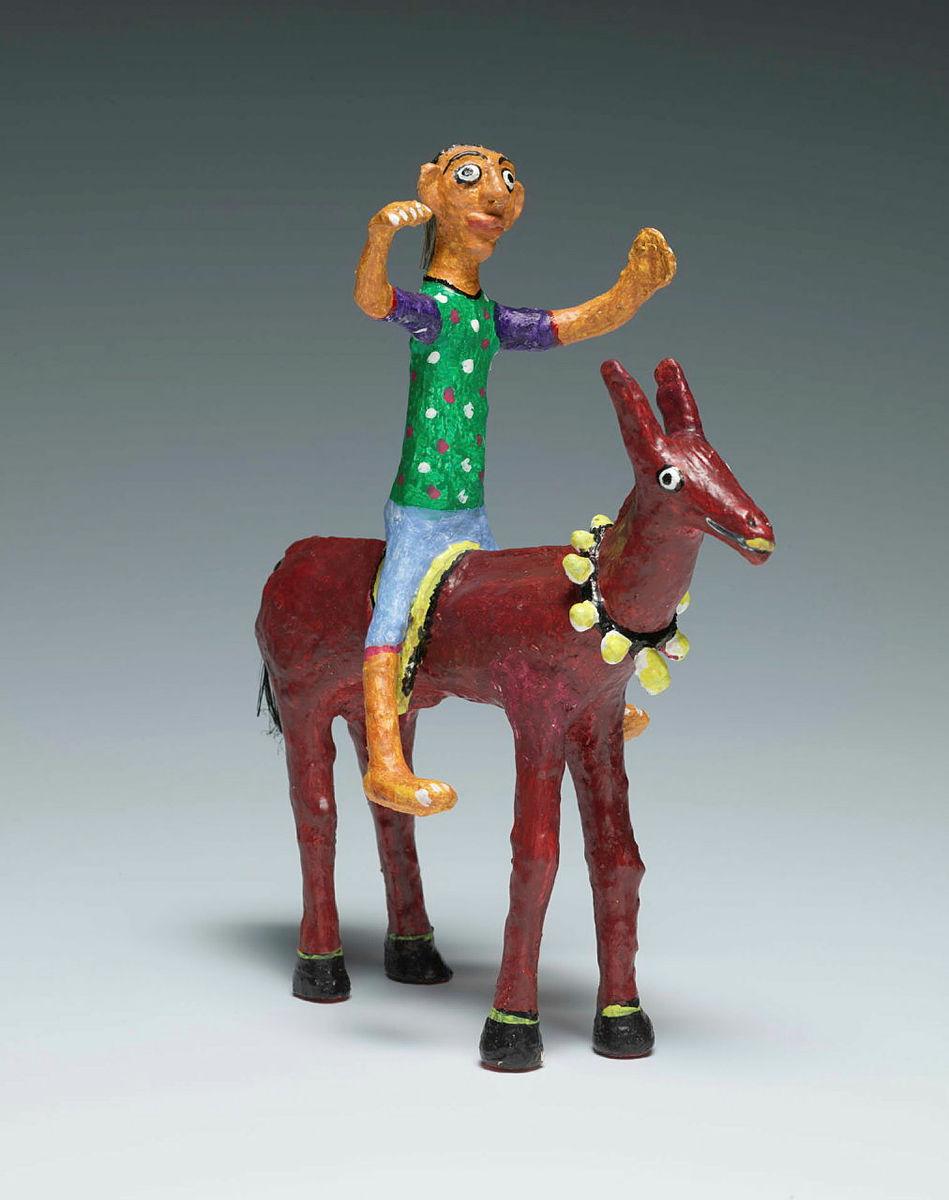Artwork Man on horse this artwork made of Multani clay, bamboo, wood, coir, natural colour, plant fibre, created in 2015-01-01