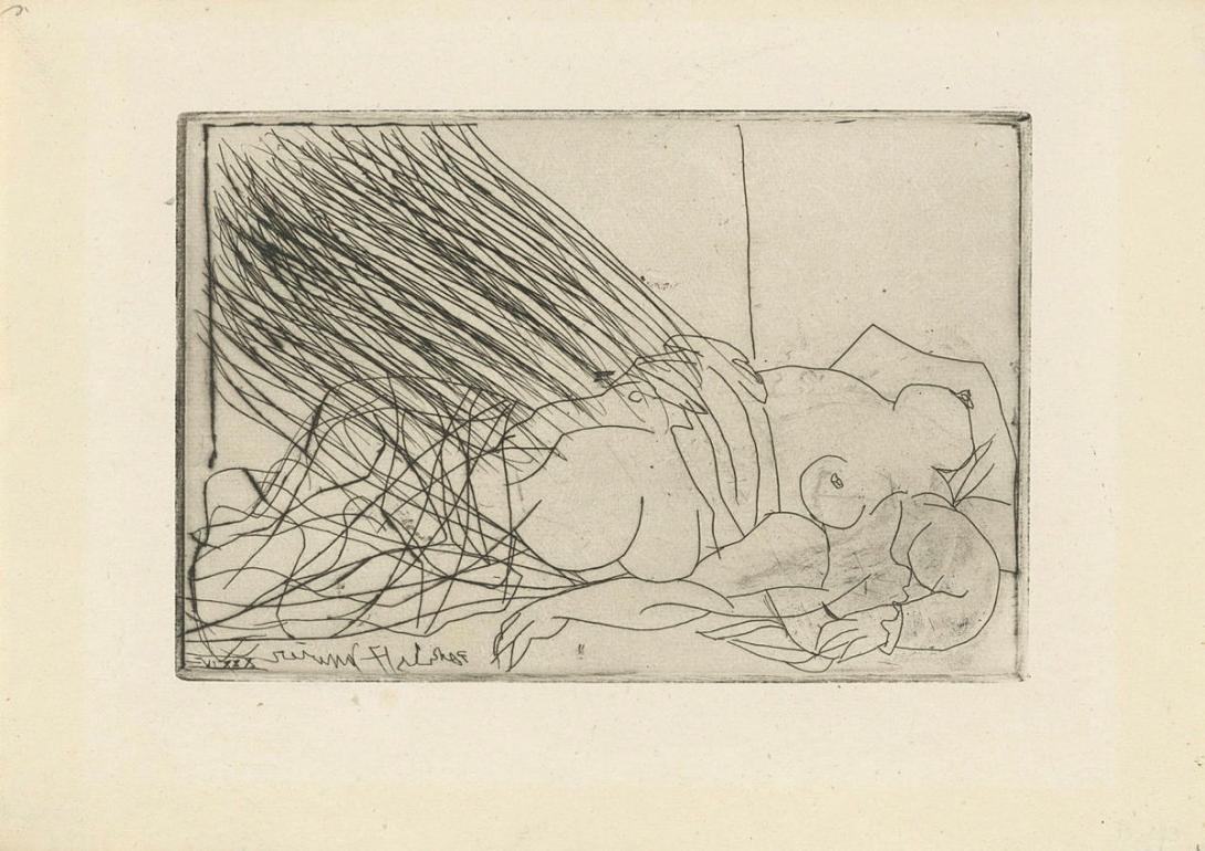 Artwork Femme nue endormie ou morte (Danae?) (Nude woman sleeping or dead [Danae?]) this artwork made of Etching on paper, created in 1934-01-01