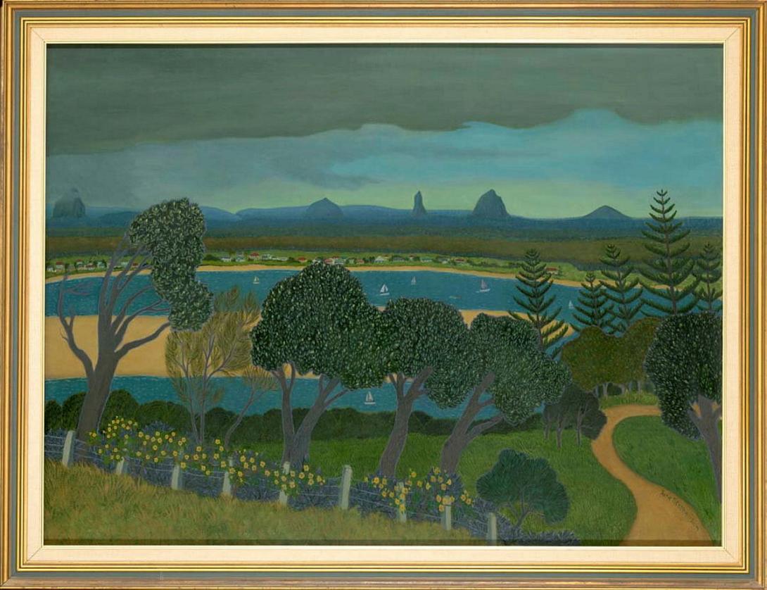 Artwork Rain cloud over the Glasshouse Mountains this artwork made of Oil, glazed over acrylic tempera, oil colour worked into wet glaze on commercially prepared canvas, created in 1979-01-01