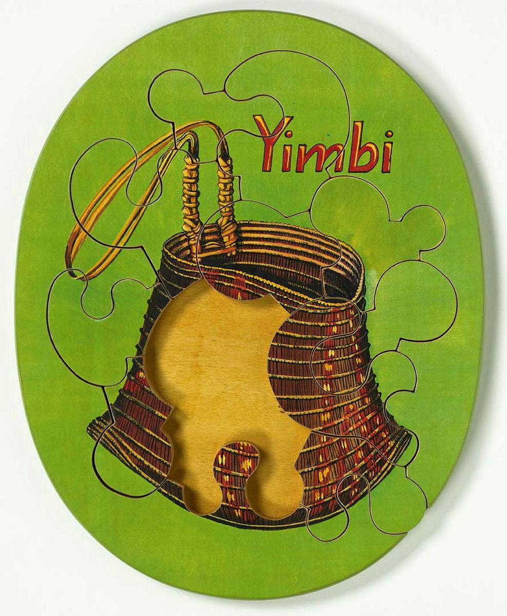 Artwork Yimbi (Bicornual basket) (incomplete) this artwork made of Colour laser copy, varnish and paint on composition board, created in 1991-01-01