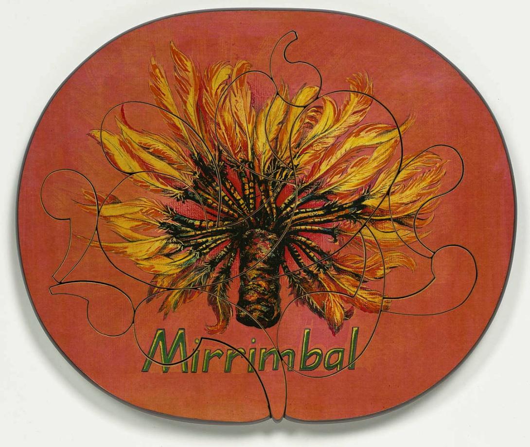 Artwork Mirrimbal (Feathered headpiece) this artwork made of Colour laser copy, varnish and paint on composition board, created in 1991-01-01