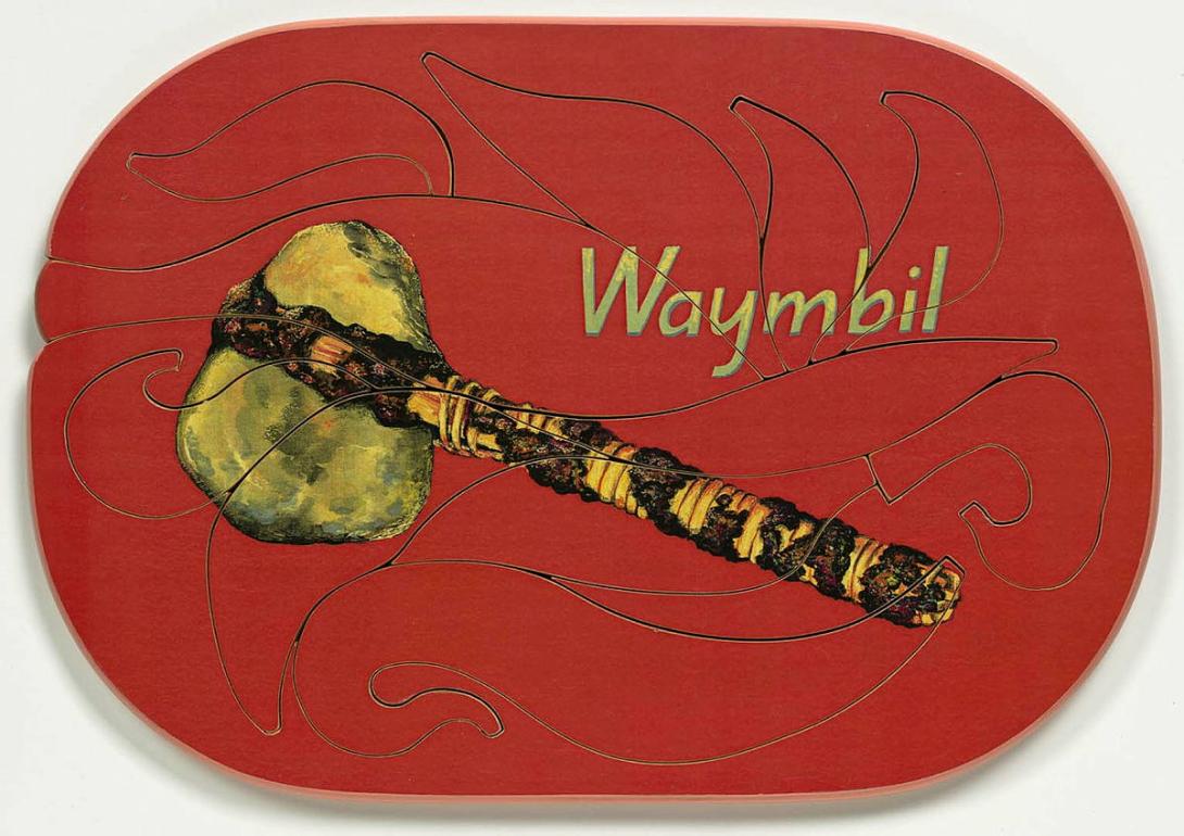 Artwork Waymbil (Stone axe) this artwork made of Colour laser copy, varnish and paint on composition board, created in 1991-01-01