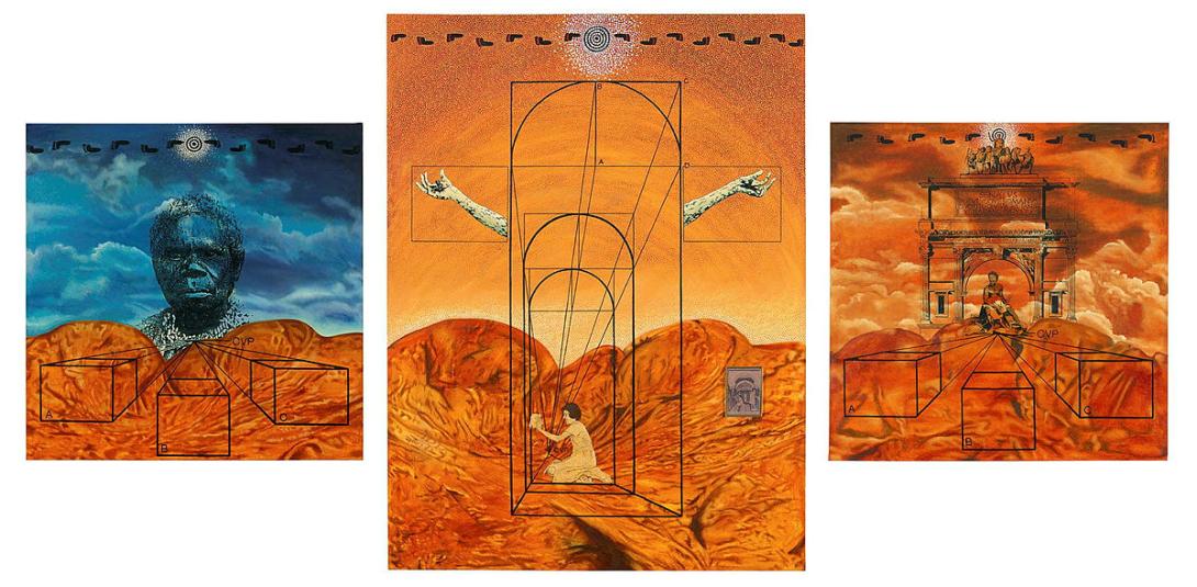 Artwork Triptych:  Requiem, Of Grandeur, Empire this artwork made of Oil and photograph on canvas, created in 1989-01-01