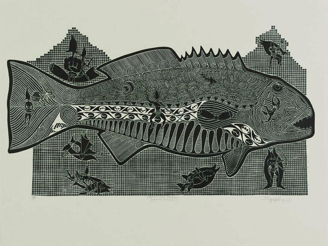 Artwork Aputhathieu ngurpai (parental teachings) this artwork made of Linocut on paper, created in 1998-01-01