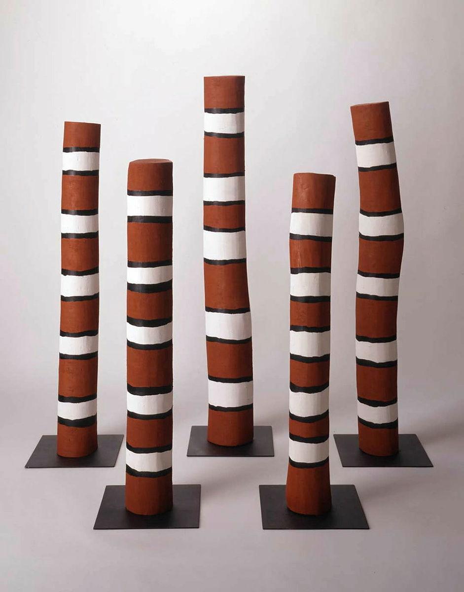 Artwork Thuuth thaa' munth (Law poles) this artwork made of Milkwood with synthetic polymer paint and natural pigments, created in 2004-01-01