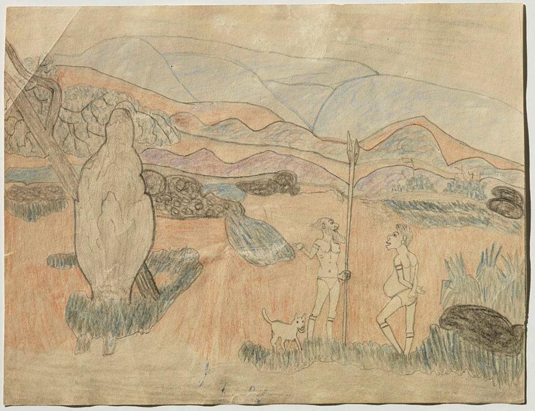 Artwork (Aboriginal men and dog) this artwork made of Coloured pencil and graphite on paper