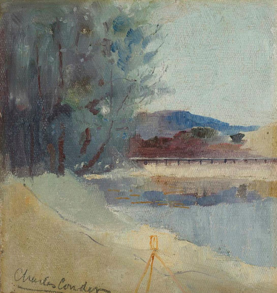 Artwork Landscape with theodolite this artwork made of Oil on canvas mounted on cardboard, created in 1886-01-01