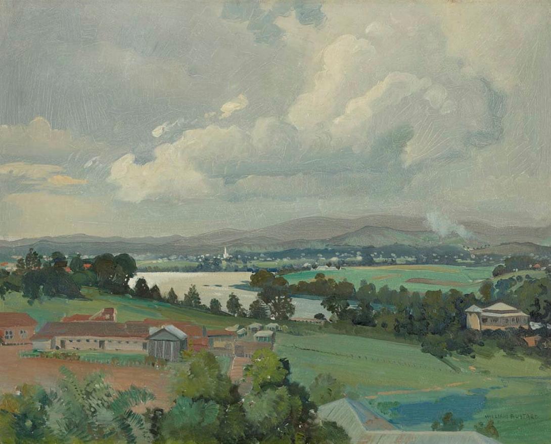 Artwork (Brisbane River, view to Graceville church) this artwork made of Oil on board, created in 1940-01-01