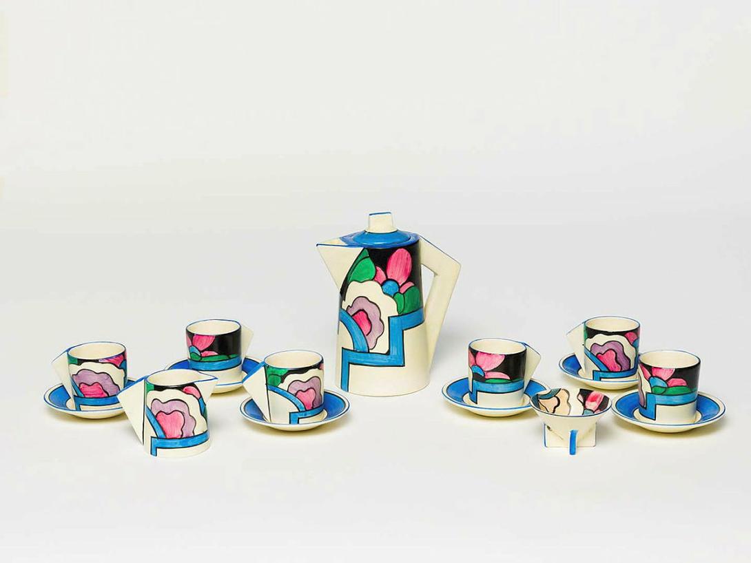 Artwork Latona 'Dahlia' Bizarre ware conical coffee set this artwork made of Earthenware, hand painted on matt white glaze, created in 1930-01-01