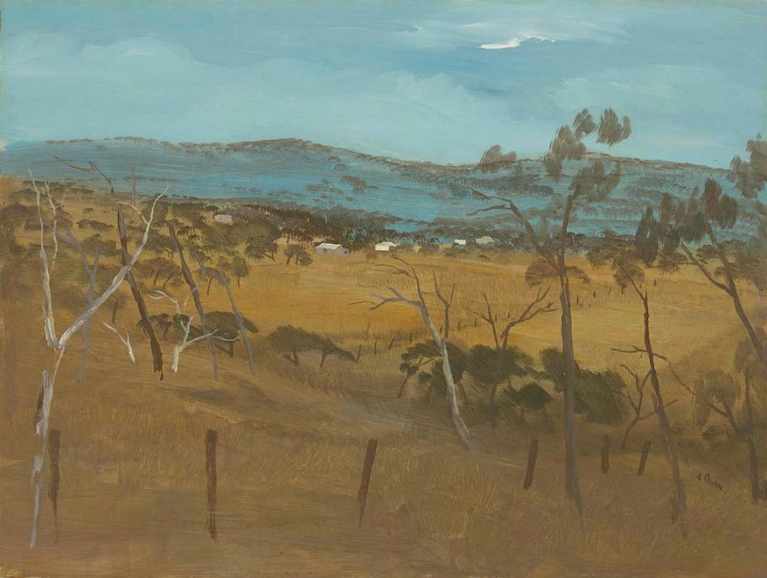 Artwork A Queensland country scene this artwork made of Oil on composition board, created in 1949-01-01