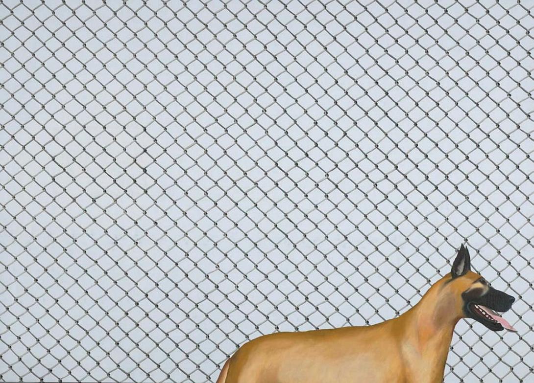 Artwork Cyclone fence with great dane this artwork made of Oil and synthetic polymer paint on ten ounce cotton duck