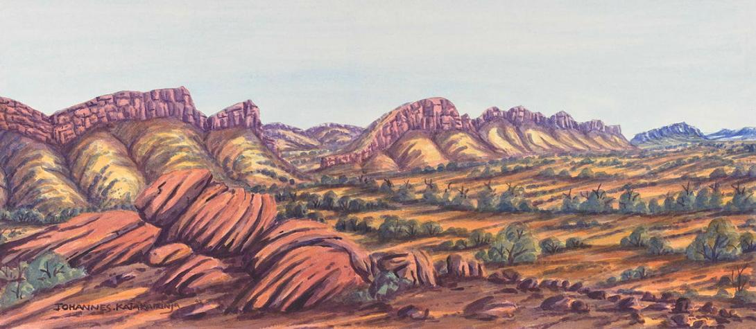 Artwork Other side of Twin Ghost Gums, MacDonnell Ranges this artwork made of Watercolour on paper with board backing, created in 2010-01-01