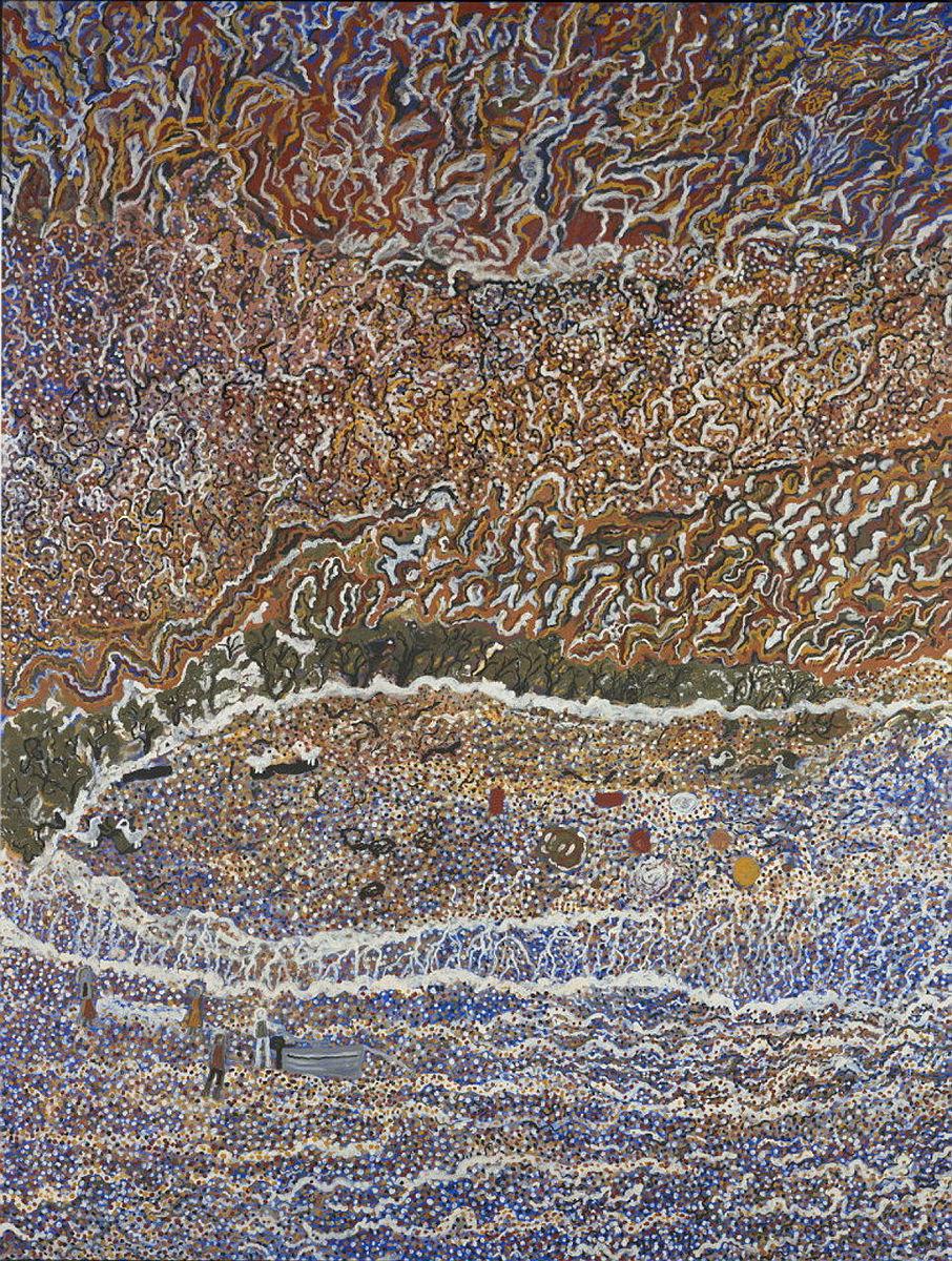 Artwork Dragging net at Less Creek this artwork made of Natural ochres and charcoal with acrylic binder on linen primed in synthetic polymer paint